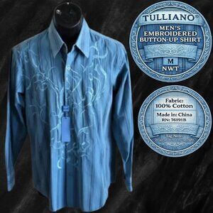 Tulliano Blue Pinstripe Embroidered Vine/Scroll Button-Up Shirt Men’s M NWT